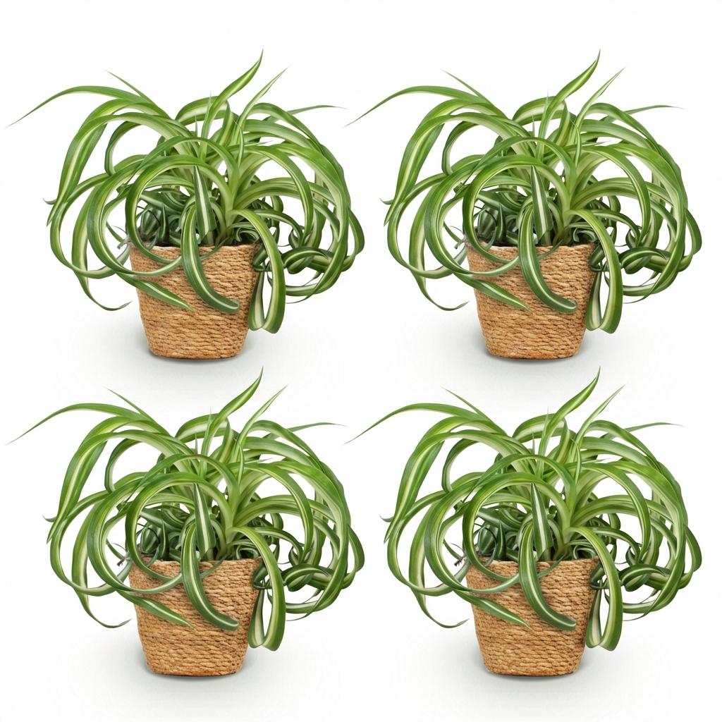 Kamerplant - Chlorophytum comosum Bonnie - Krullende Graslelie - Huisdiervriendelijke Plant - Groen - 4 Planten - met Mand - Pot 12cm - Hoogte 20cm