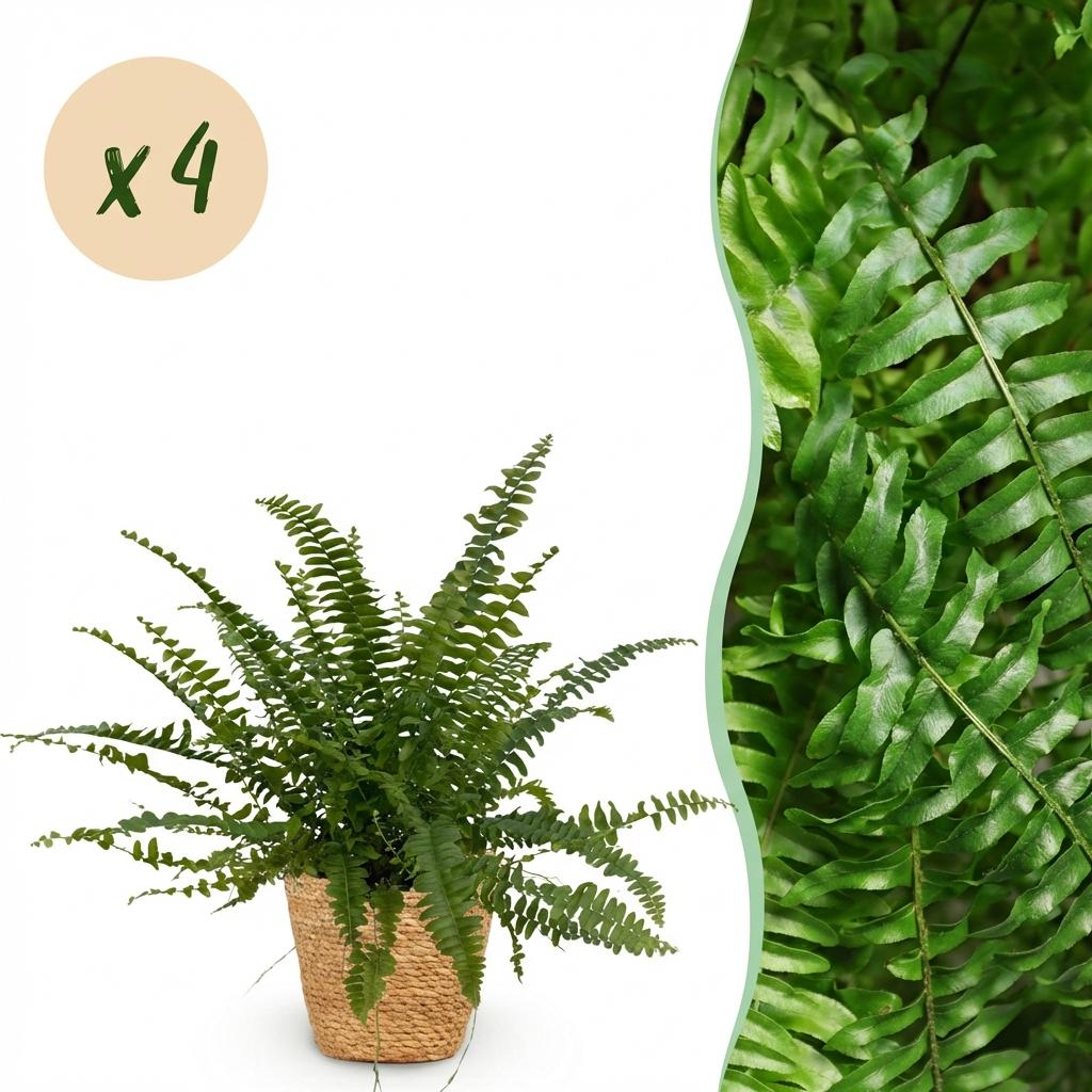 Kamerplant - Nephrolepsis exaltata Green Lady - Varen - Huisdiervriendelijke Plant - Groen - 4 Planten - met Mand - Pot 12cm - Hoogte 25cm