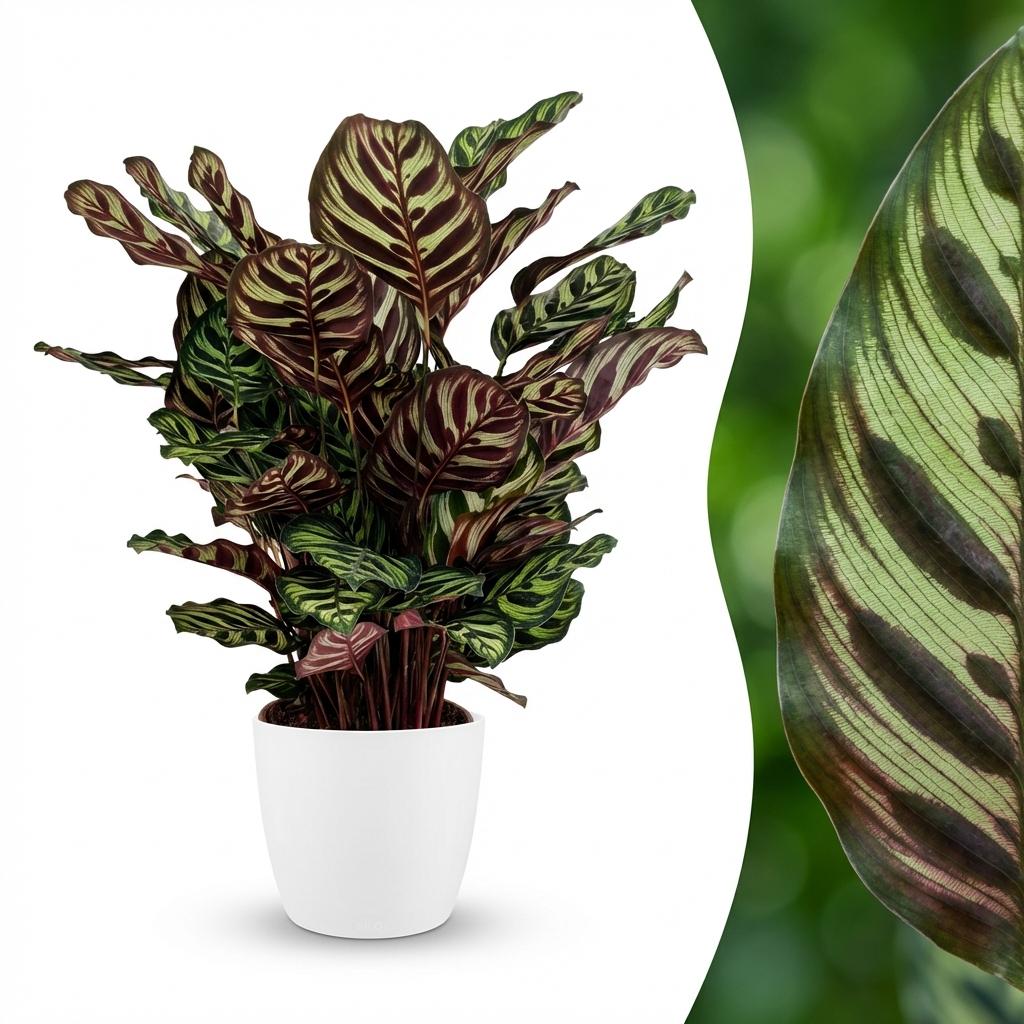 Kamerplant - Pauwenplant - Calathea Makoyana - Groen - Weinig onderhoud - 1 Plant - met Potter Wit - Pot 19cm - Hoogte 70cm