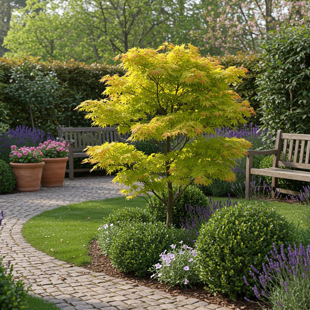 Terrasplant - Japanse Esdoorn - Acer palmatum Jordan - Geel - 2 Planten - Bladverliezend - Pot 19cm Hoogte 70cm