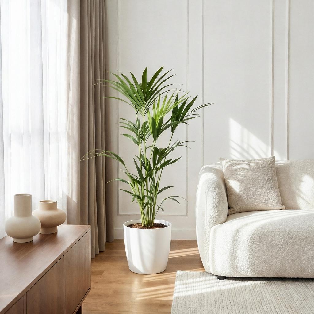 Kamerplant - Howea Forsteriana - Kentia Palm - Weinig Onderhoud - Groen - 1 Plant - met Potter Wit - Pot 21cm - Hoogte 120-130cm