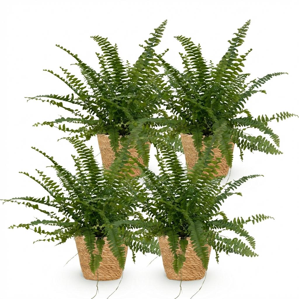Kamerplant - Nephrolepsis exaltata Green Lady - Varen - Huisdiervriendelijke Plant - Groen - 4 Planten - met Mand - Pot 12cm - Hoogte 25cm