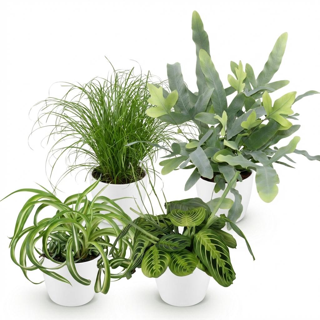 Kamerplant - Chlorophytum - Cyperus - Phlebodium - Marantha - Mix van 4 - Huisdiervriendelijke Planten - Groen - 4 Planten - met Potter Wit - Pot 12cm - Hoogte 25cm