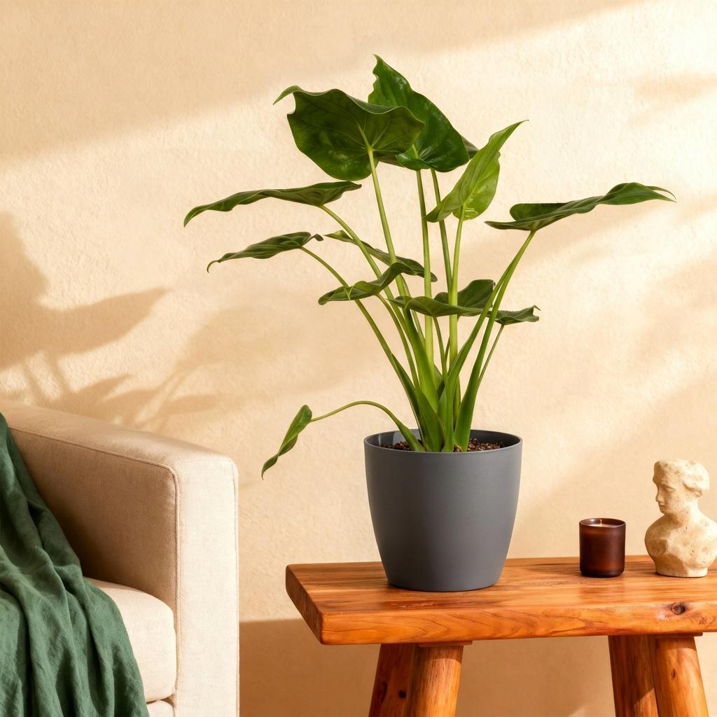 Kamerplanten - Alocasia Cucullata - Boeddha,s hand - Weinig onderhoud - Groen - 1 Plant - met Potter Grijs - Pot 21cm - Hoogte 65-70cm