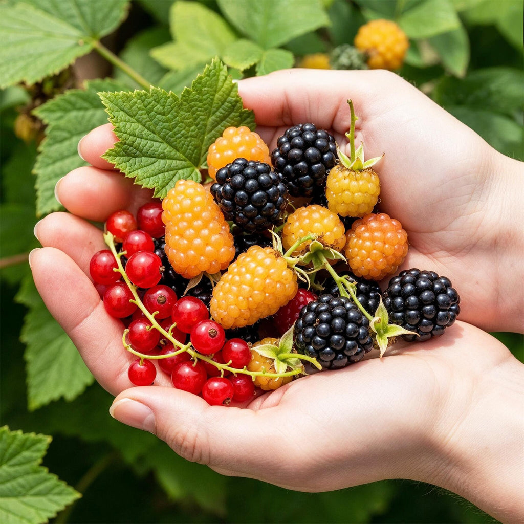 Fruitplanten - Tricolour - Rode Bes - Gele Framboos - Zwarte Braam  - Winterhard - 3 Planten - Pot  9cm