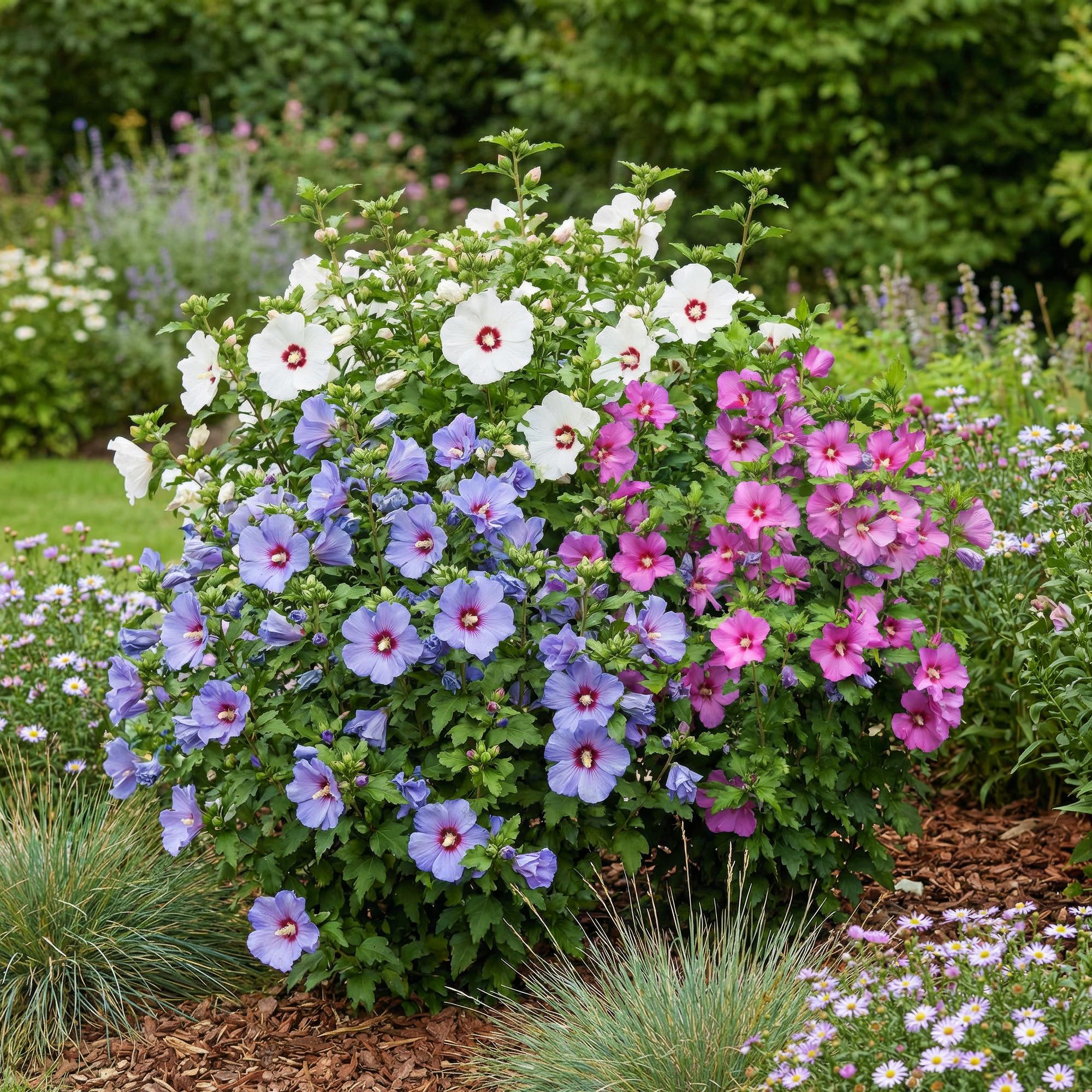 Heesters - Hibiscus syriacus Tricolour - Bloem Roze, Wit en Blauw - 3 Planten - Bladverliezend - Weinig Onderhoud - Pot 17cm Hoogte 45cm