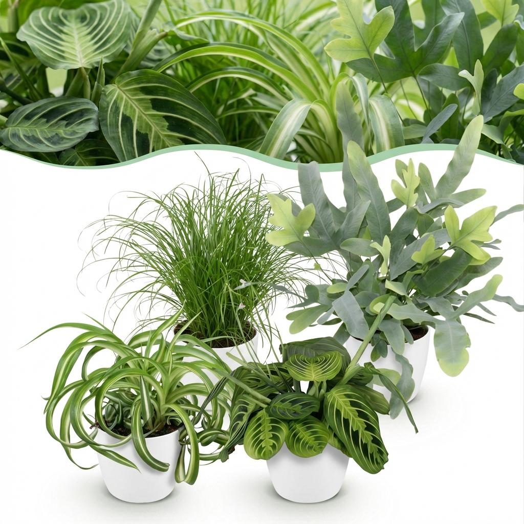 Kamerplant - Chlorophytum - Cyperus - Phlebodium - Marantha - Mix van 4 - Huisdiervriendelijke Planten - Groen - 4 Planten - met Potter Wit - Pot 12cm - Hoogte 25cm
