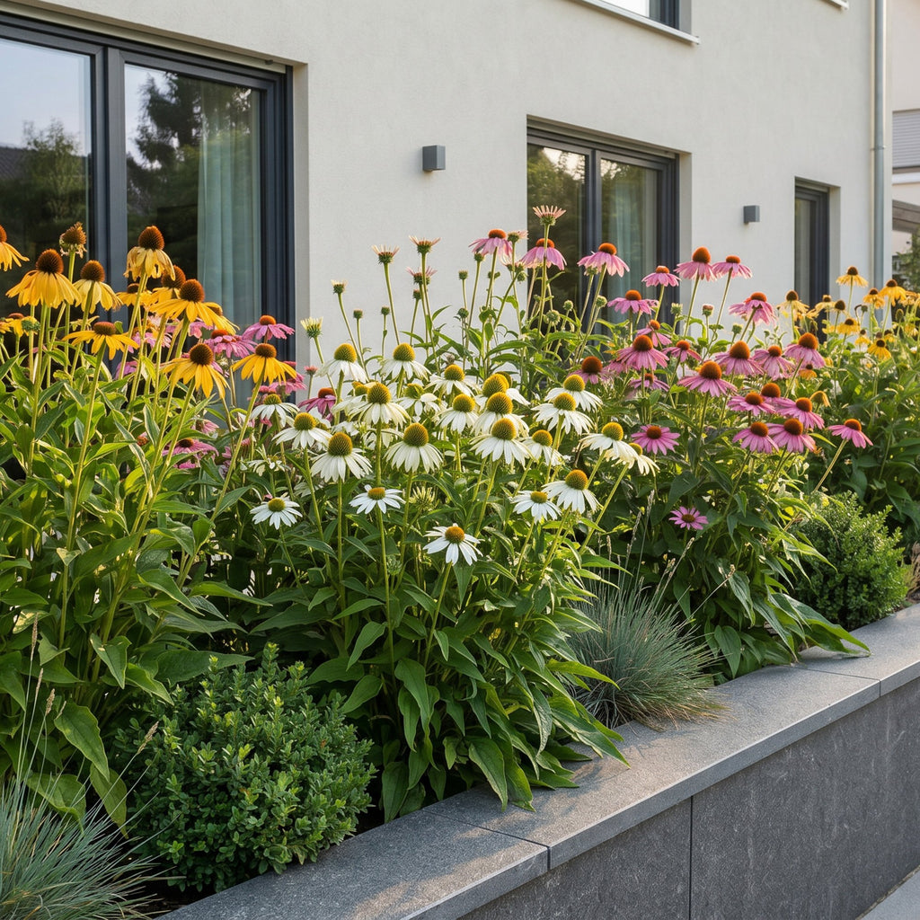 Vasteplant - Echinacea Tricolour - Zonnehoed - Bijen en Vlinderlokkers - Geel - Roze - Wit - 12 Planten - Pot 11cm - Hoogte 15-25cm