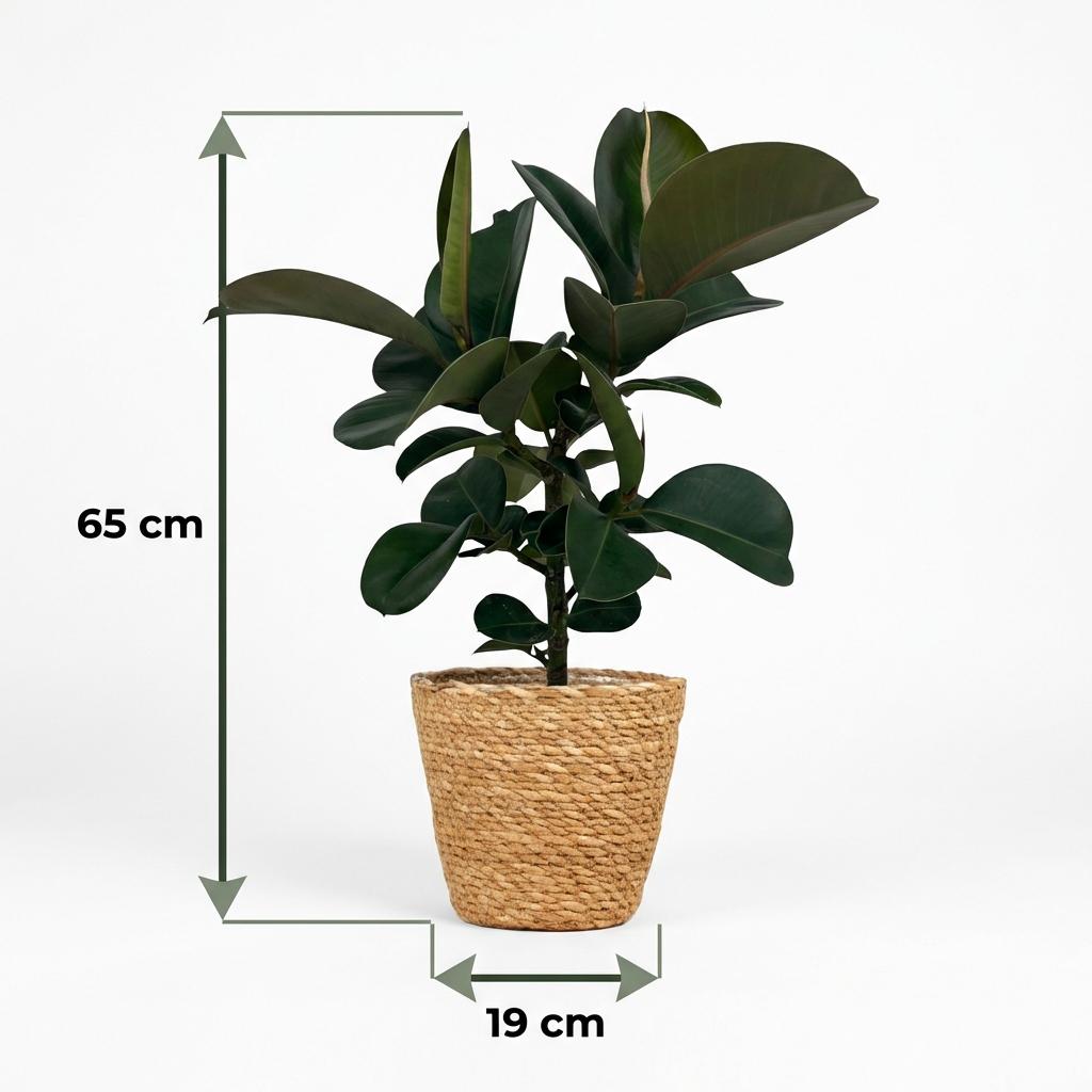 Kamerplant - Rubberplant - Ficus Elastica Cloe - Groen - Weinig onderhoud - 1 Plant - met Mand - Pot 19cm - Hoogte 65cm
