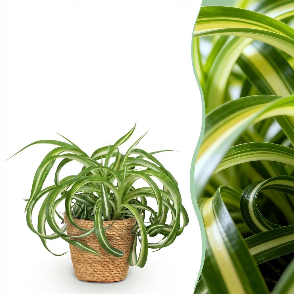 Kamerplant - Chlorophytum comosum Bonnie - Krullende Graslelie - Huisdiervriendelijke Plant - Groen - 1 Plant - met Mand - Pot 12cm - Hoogte 20cm