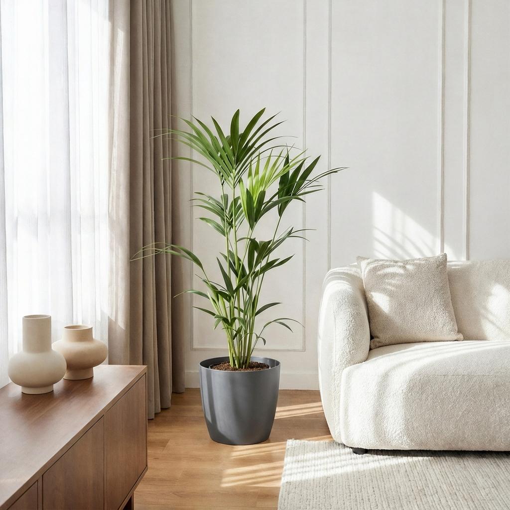 Kamerplant - Howea Forsteriana - Kentia Palm - Weinig Onderhoud - Groen - 1 Plant - met Potter Grijs - Pot 21cm - Hoogte 120-130cm
