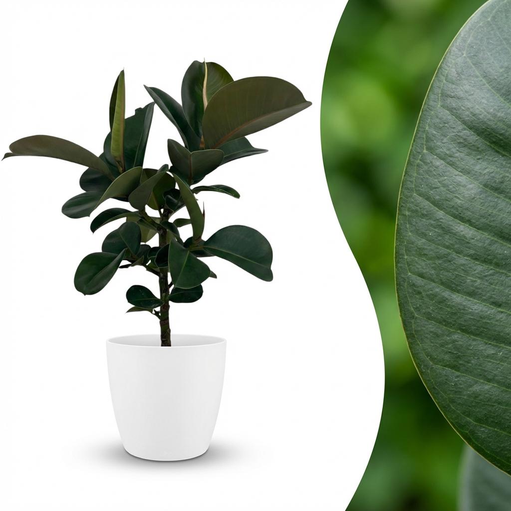 Kamerplant - Rubberplant - Ficus Elastica Cloe - Groen - Weinig onderhoud - 1 Plant - met Potter Wit - Pot 19cm - Hoogte 65cm
