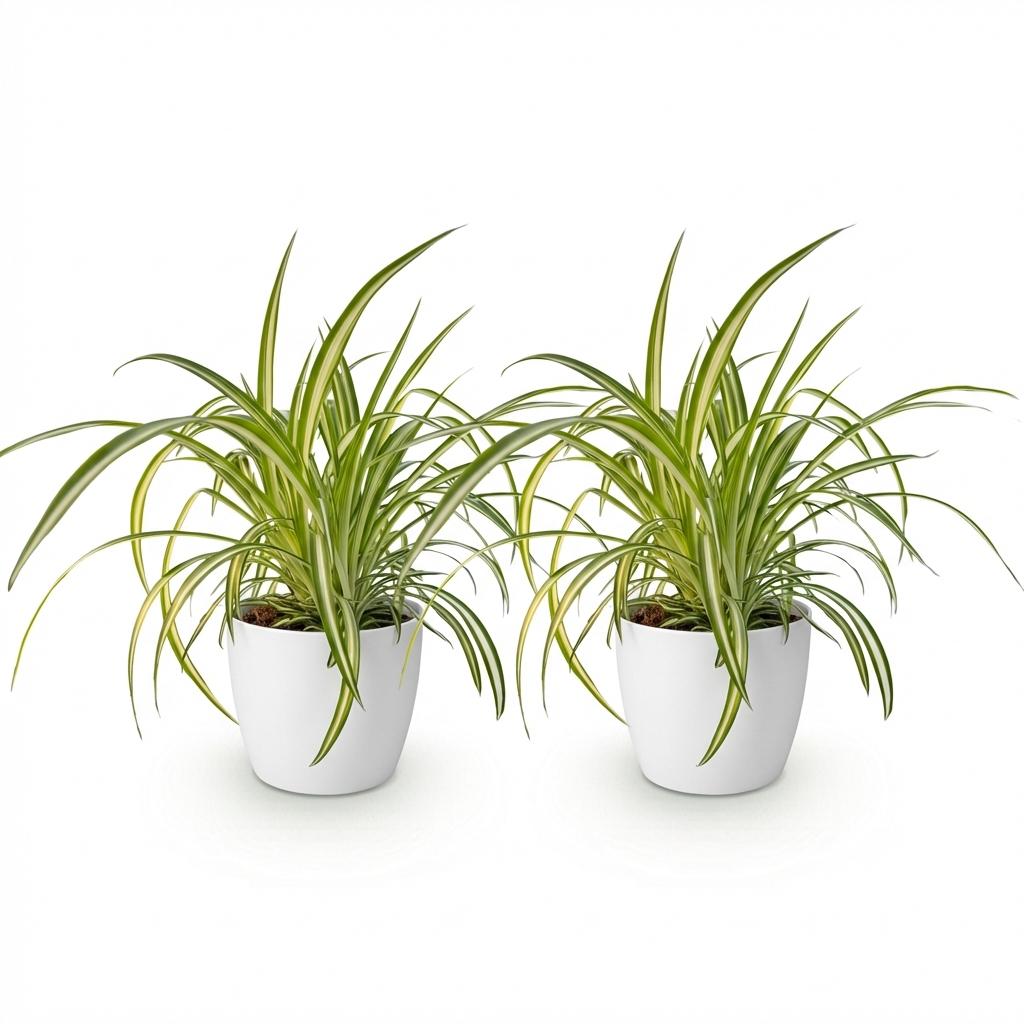 Kamerplant - Chlorophytum comosum Variegatum - Bonte Graslelie - Huisdiervriendelijke Plant - Groen - 2 Planten - met Potter Wit - Pot 12cm - Hoogte 20cm