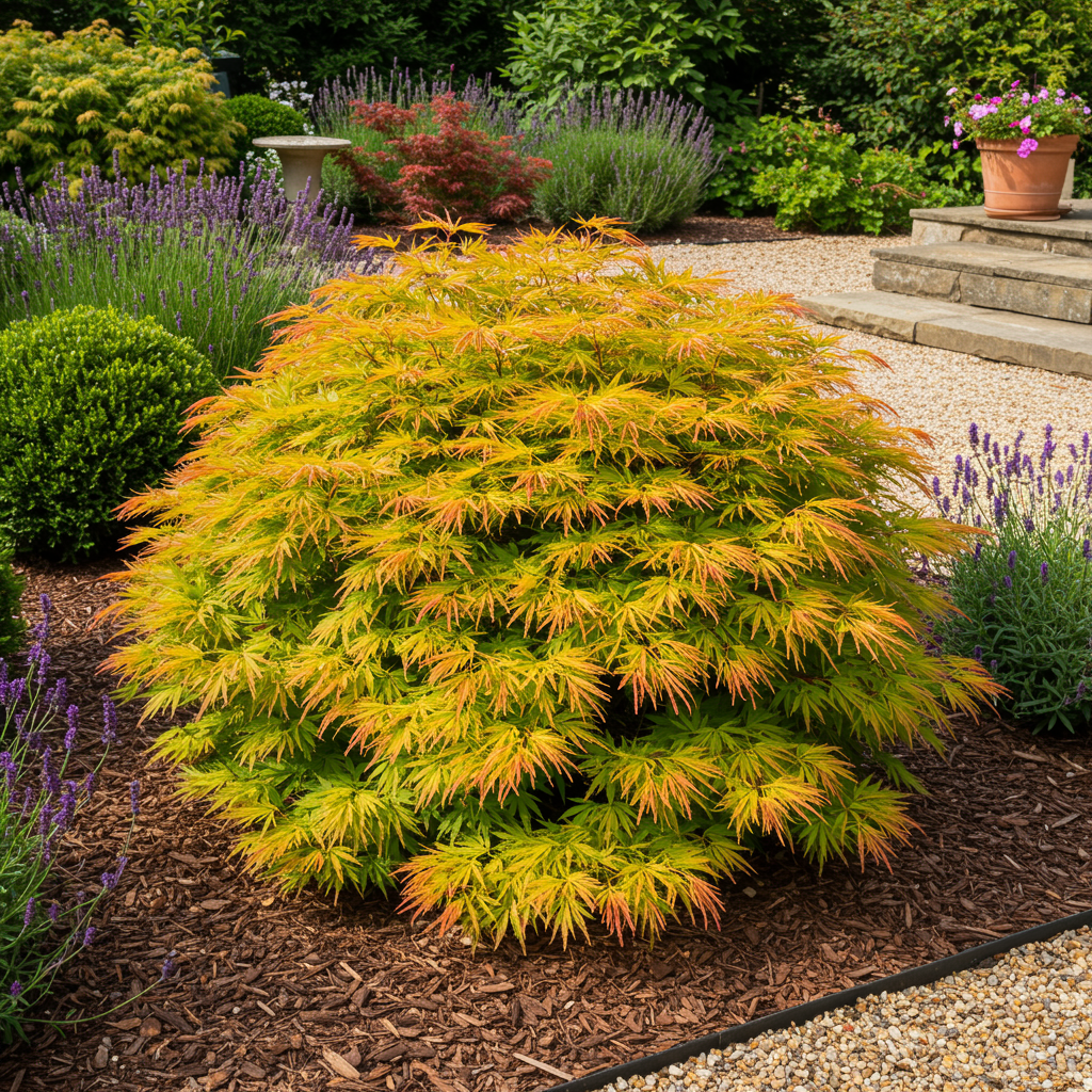 Terrasplant - Japanse Esdoorn - Acer palmatum Summergold - Geel - 2 Planten - Bladverliezend - Pot 19cm Hoogte 70cm