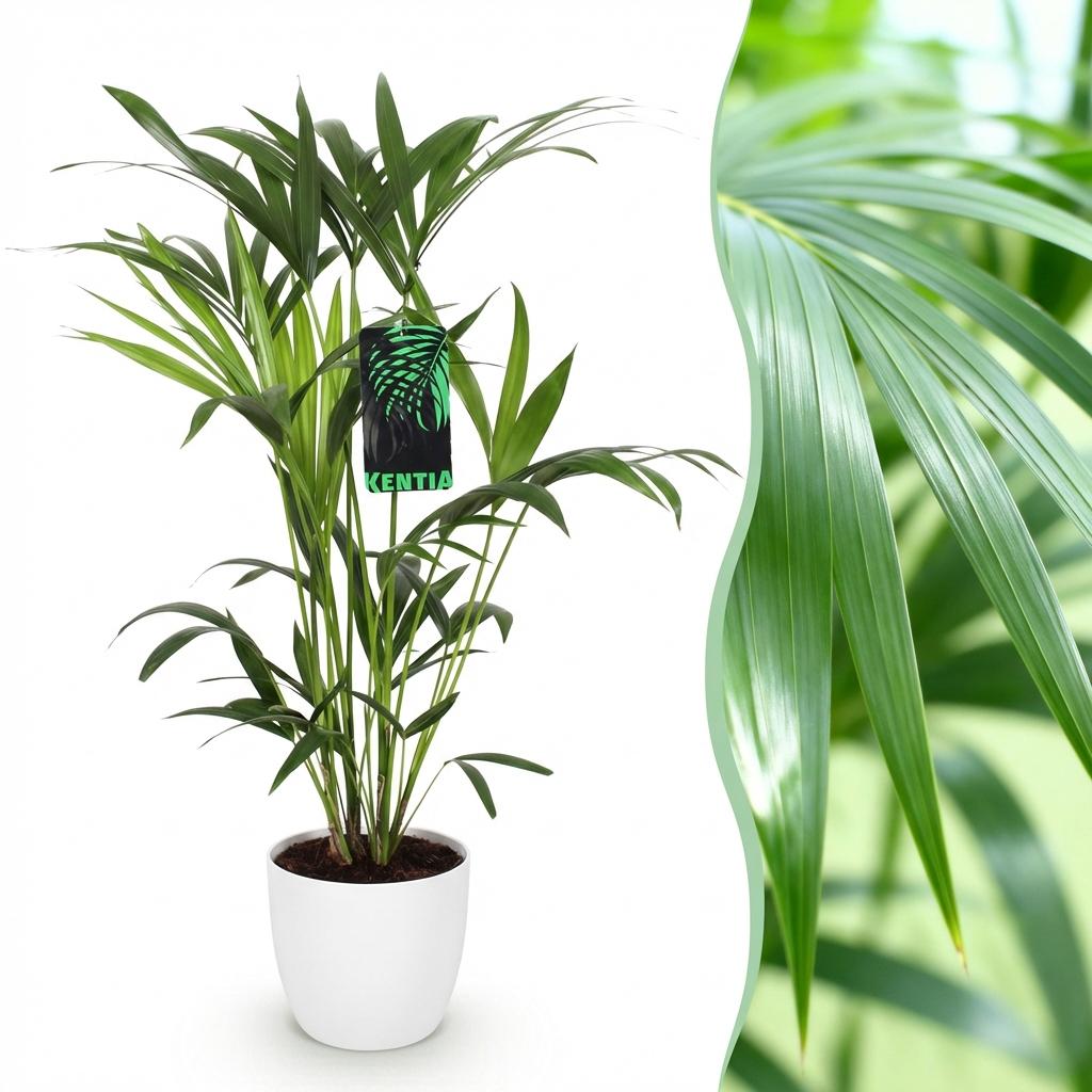 Kamerplant - Howea Forsteriana - Kentia Palm - Weinig Onderhoud - Groen - 1 Plant - met Potter Wit - Pot 19cm - Hoogte 80-85cm