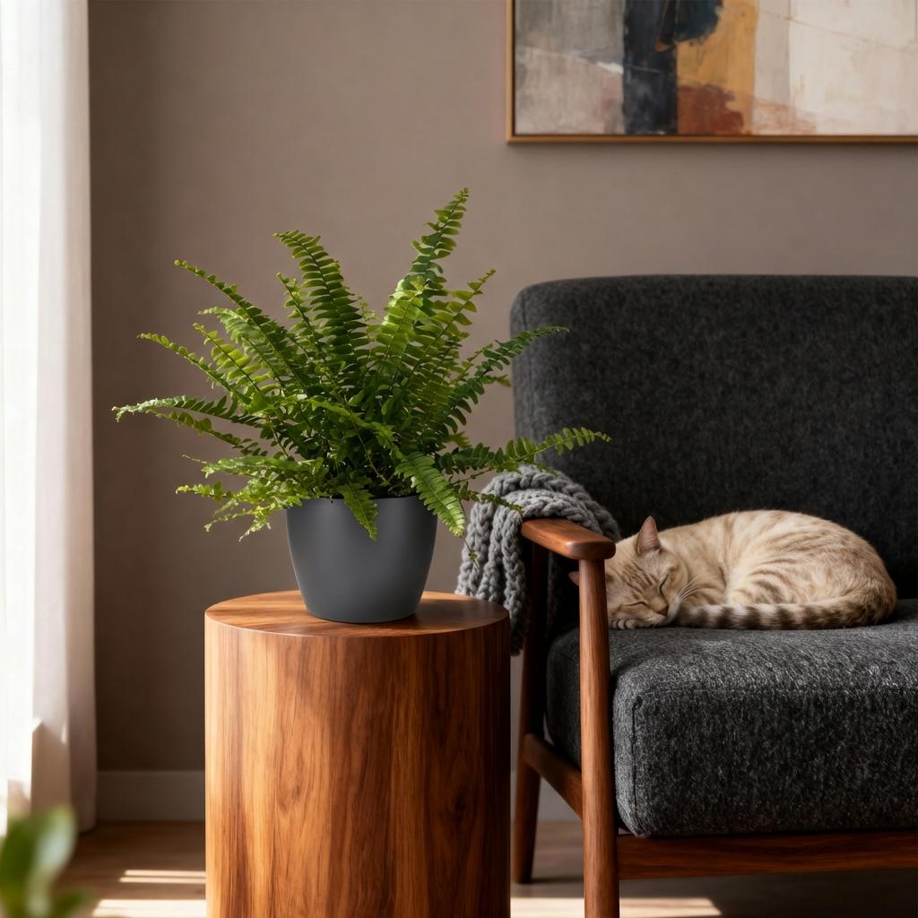 Kamerplant - Nephrolepsis exaltata Green Lady - Varen - Huisdiervriendelijke Plant - Groen - 1 Plant - met Potter Grijs - Pot 12cm - Hoogte 25cm