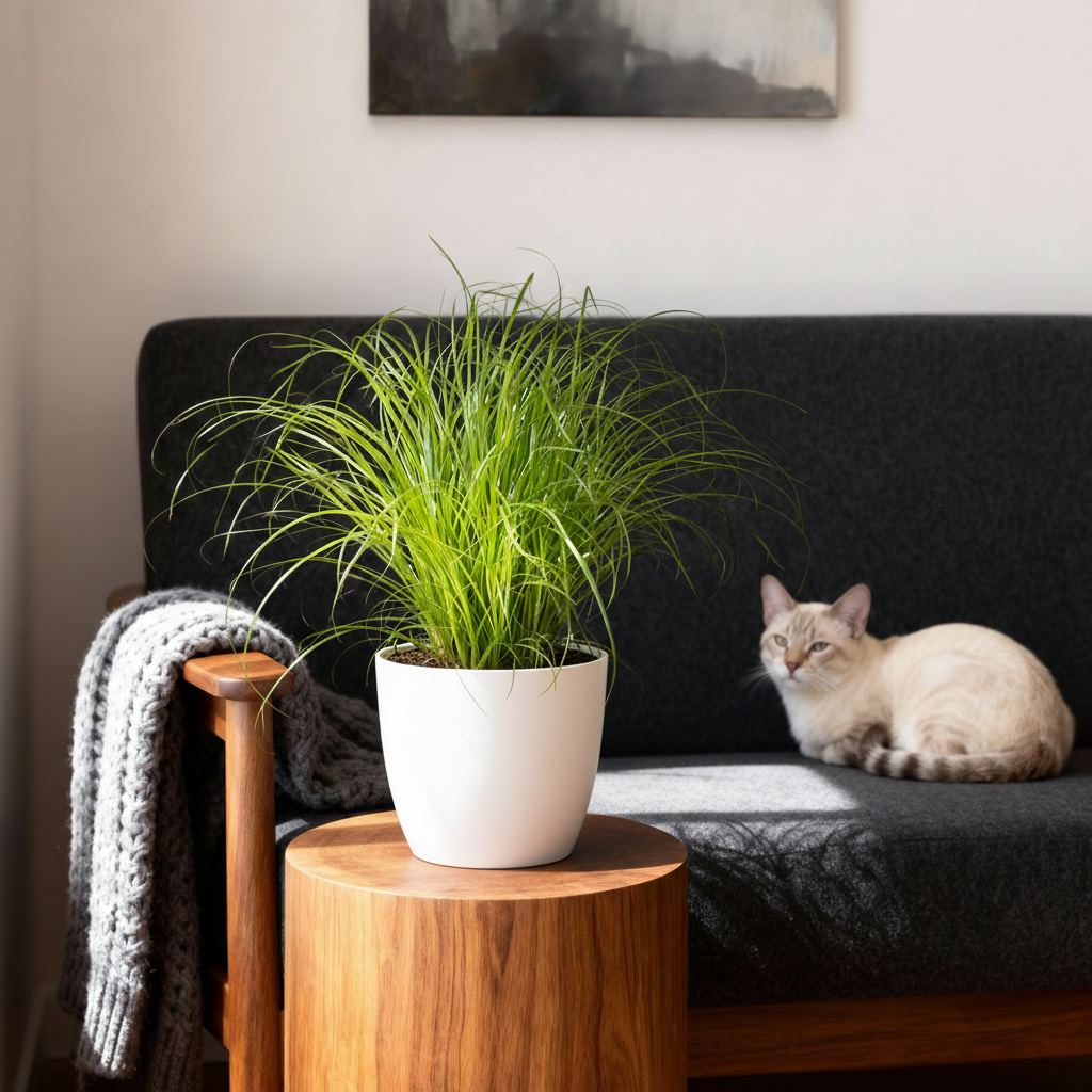 Kamerplant - Cyperus alternifolius Zumula - Kattengras - Huisdiervriendelijke Plant - Groen - 1 Plant - met Potter Wit - Pot 12cm - Hoogte 20cm