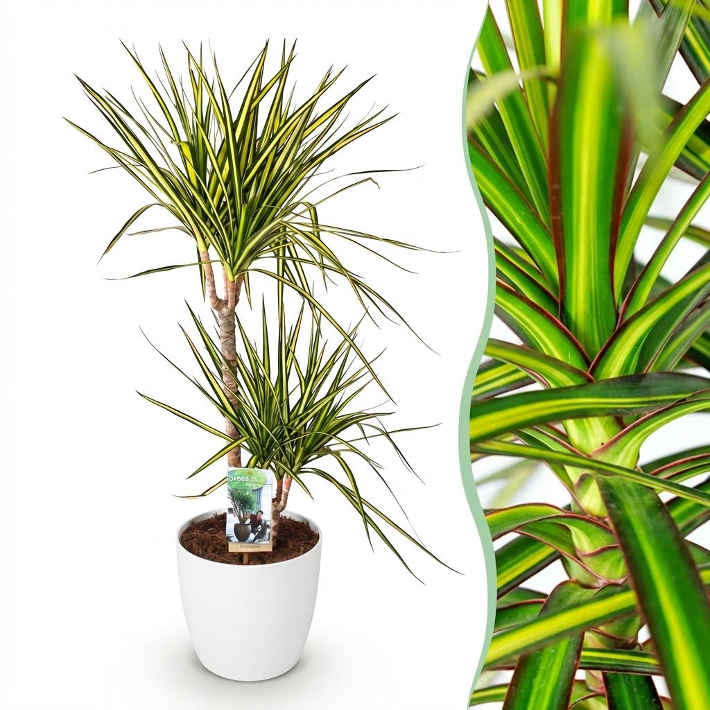 Kamerplanten - Dracaena Sunray - Drakenbloedboom - Weinig onderhoud - Groen - 1 Plant - met Potter Wit - Pot 21cm - Hoogte 90-100cm