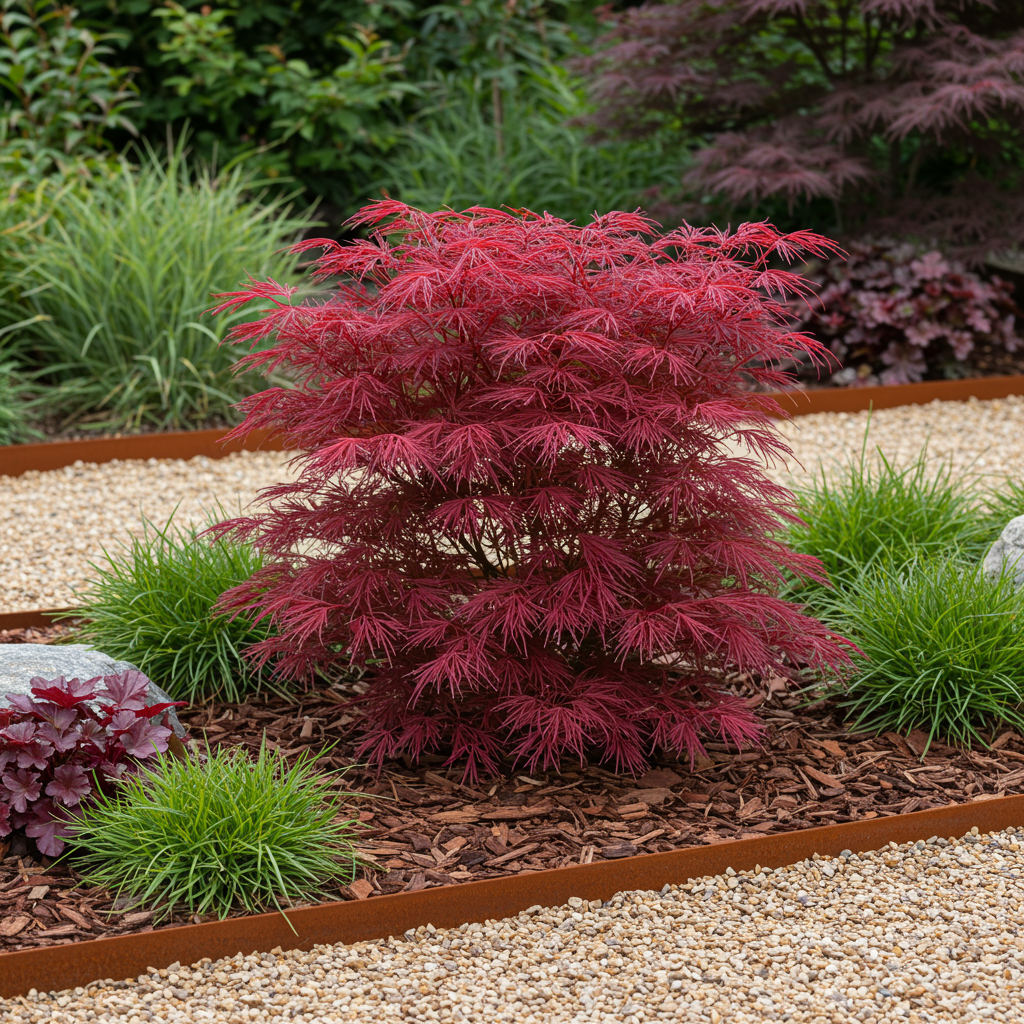 Terrasplant - Japanse Esdoorn - Acer palmatum Skeetsers Broom - Paars - 1 Plant - Bladverliezend - Pot 19cm Hoogte 70cm