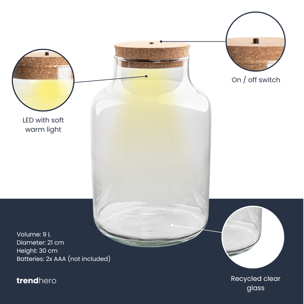 Terrarium fles met verlichting - Milky - Ø 21 cm ↑ 30 cm