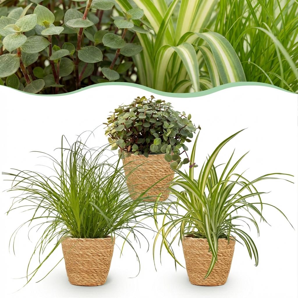 Kamerplant - Cyperus - Calissia - Chlorophytum - Mix van 3 - Huisdiervriendelijke Planten - Groen - 3 Planten - met Mand - Pot 12cm - Hoogte 20cm