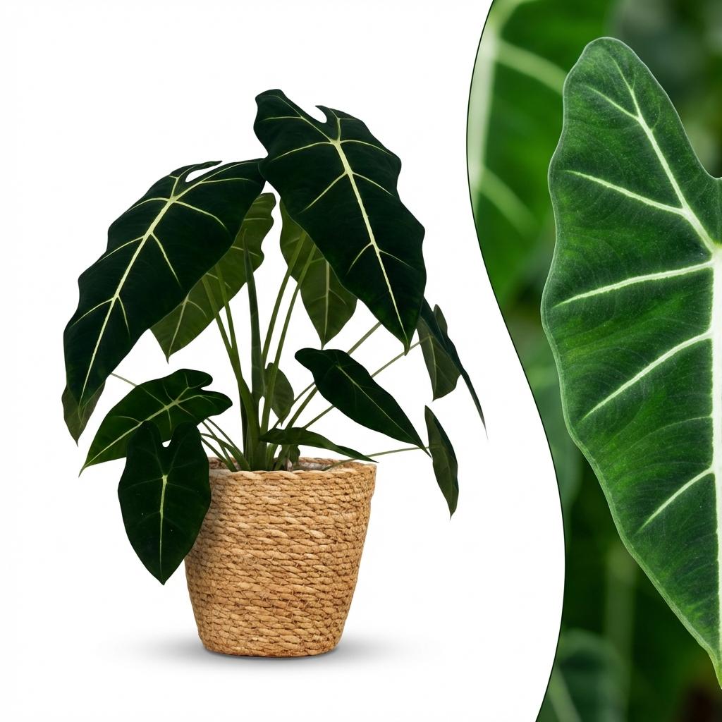 Kamerplant - Olifantsoor - Alocasia Frydek - Groen - Weinig onderhoud - 1 Plant - met Mand - Pot 19cm - Hoogte 60cm