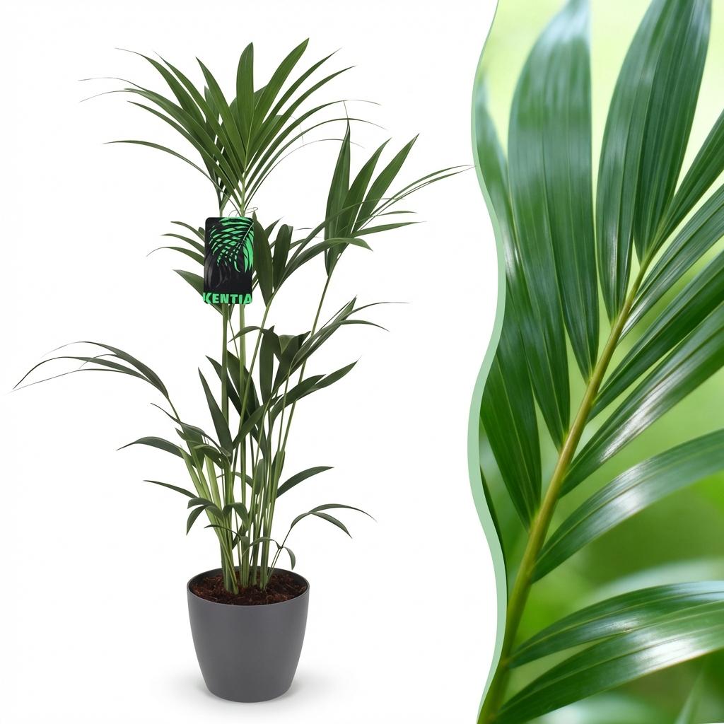 Kamerplant - Howea Forsteriana - Kentia Palm - Weinig Onderhoud - Groen - 1 Plant - met Potter Grijs - Pot 21cm - Hoogte 120-130cm