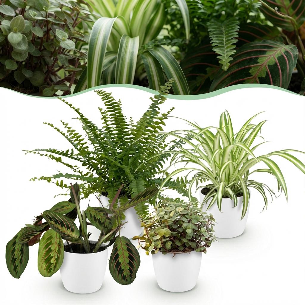 Kamerplant - Chlorophytum - Maranta - Calissia - Nephrolepsis - Mix van 4 - Huisdiervriendelijke Planten - Groen - 4 Planten - met Potter Wit - Pot 12cm - Hoogte 25cm