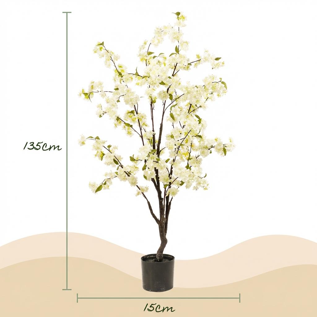 Kunstplant - Prunus - Kersenbloesem - Wit - 135cm