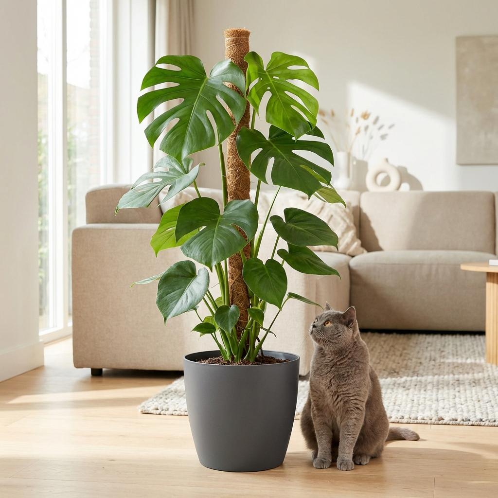Kamerplant - Gatenplant - Monstera Deliciosa mosstok - Groen - Weinig onderhoud - 1 Plant - met Potter Grijs - Pot 19cm - Hoogte 90cm