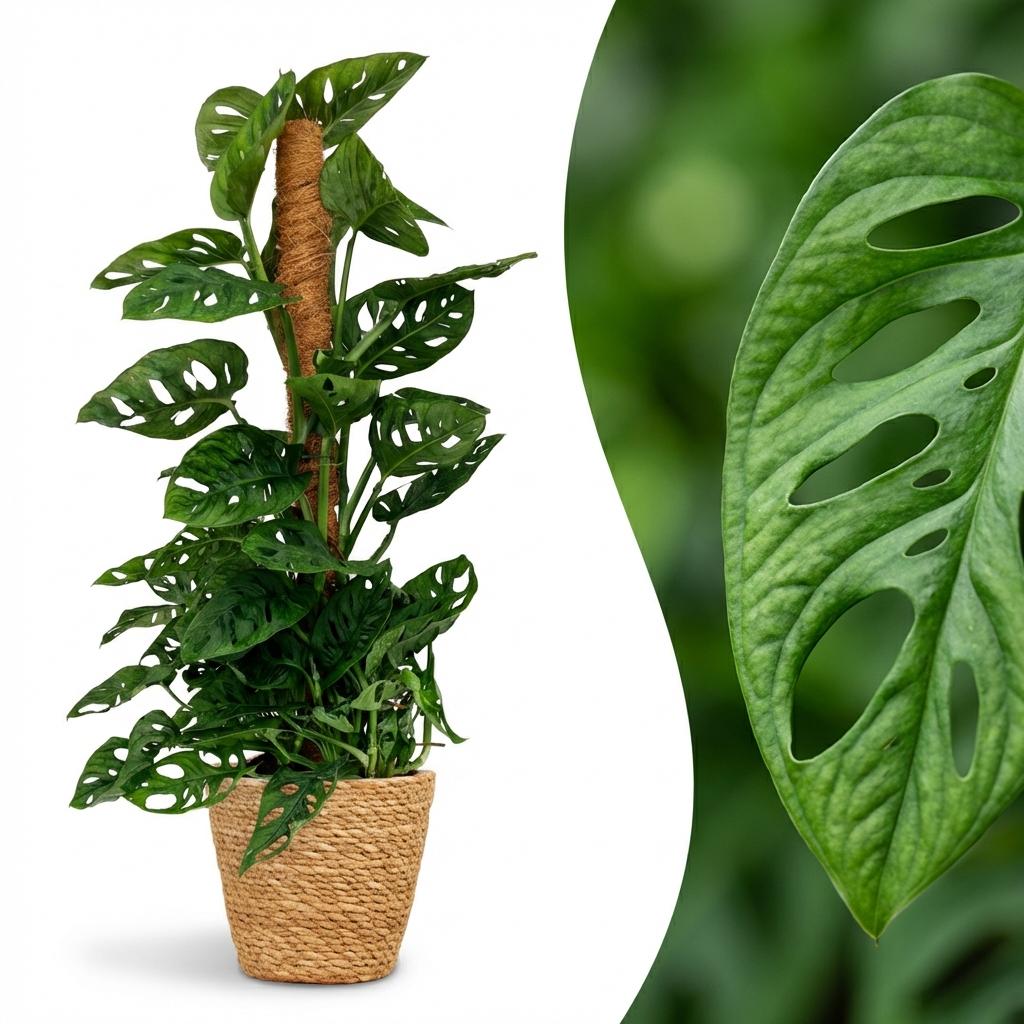 Kamerplant - Monkey Mask - Monstera Andansonii Mosstok - Groen - Weinig onderhoud - 1 Plant - met Mand - Pot 19cm - Hoogte 90cm