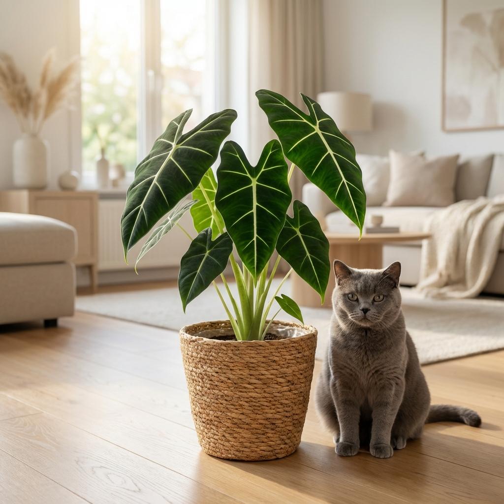 Kamerplant - Olifantsoor - Alocasia Frydek - Groen - Weinig onderhoud - 1 Plant - met Mand - Pot 19cm - Hoogte 60cm