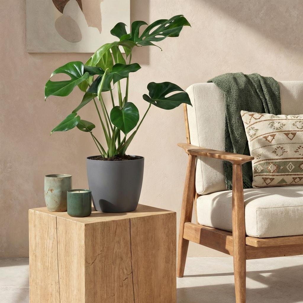 Kamerplanten - Monstera Deliciosa - Gatenplant - Weinig onderhoud - Groen - 1 Plant - met Potter Grijs - Pot 21cm - Hoogte 70-80cm