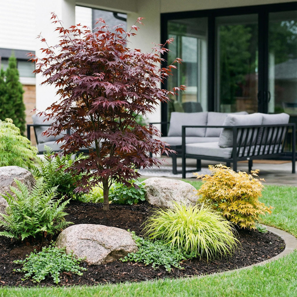 Tuinplant - Acer palmatum Bloodgood - Japanse Esdoorn - Bladverliezend - Rood - 1 - Pot 26cm - Hoogte 90cm