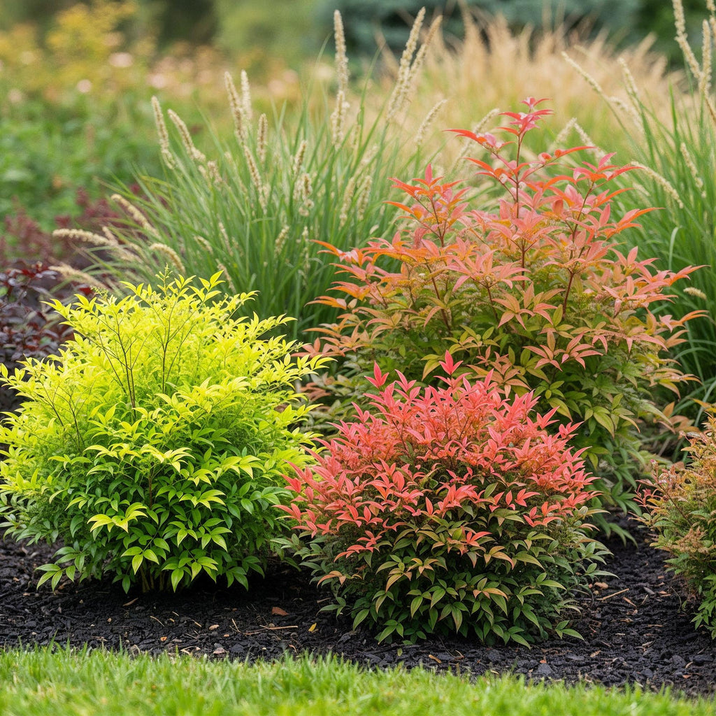 Tuinplant - Nandina Tricolour - Geel & Rood & Oranje - 3 Planten - Groenblijvend - Weinig Onderhoud - Pot 17cm Hoogte 45cm