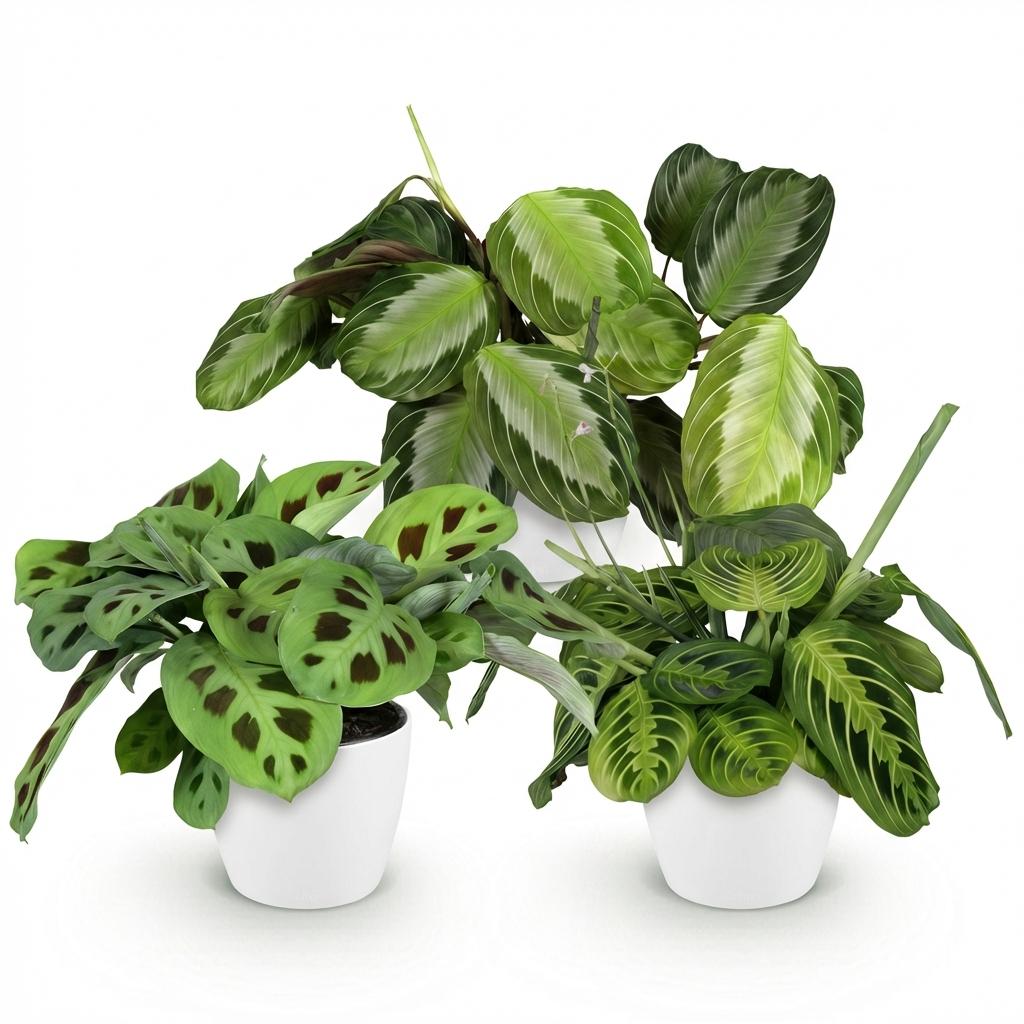 Kamerplant - Marantha Silverband, Marantha Lemon Lime Marantha Kerchoveana - Gebedsplant - Huisdiervriendelijke Plant - Groen - 3 Planten - met Potter Wit - Pot 12cm - Hoogte 25cm