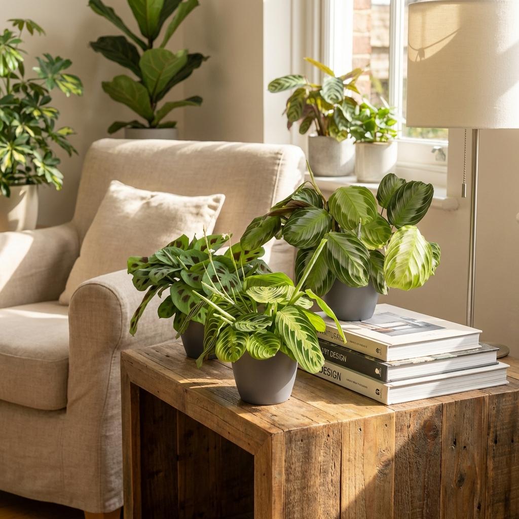 Kamerplant - Marantha Silverband, Marantha Lemon Lime Marantha Kerchoveana - Gebedsplant - Huisdiervriendelijke Plant - Groen - 3 Planten - met Potter Grijs - Pot 12cm - Hoogte 25cm