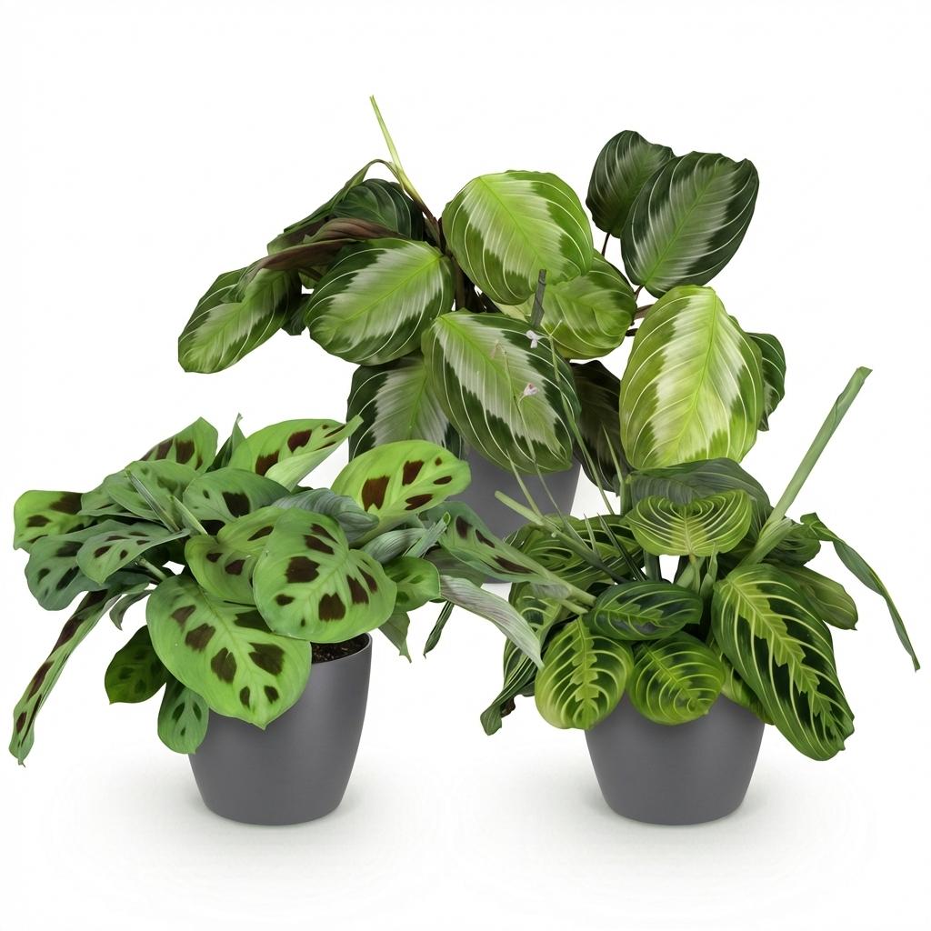 Kamerplant - Marantha Silverband, Marantha Lemon Lime Marantha Kerchoveana - Gebedsplant - Huisdiervriendelijke Plant - Groen - 3 Planten - met Potter Grijs - Pot 12cm - Hoogte 25cm