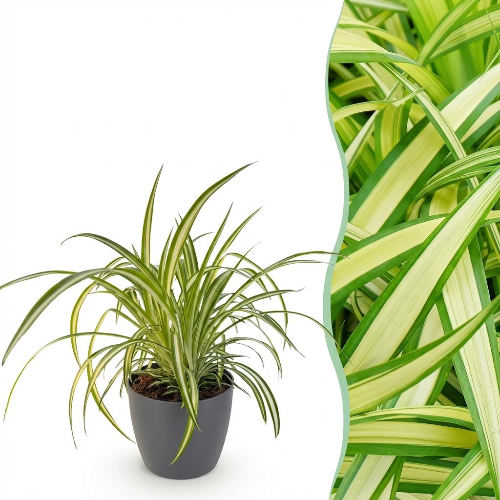 Kamerplant - Chlorophytum comosum Variegatum - Bonte Graslelie - Huisdiervriendelijke Plant - Groen - 1 Plant - met Potter Grijs - Pot 12cm - Hoogte 20cm