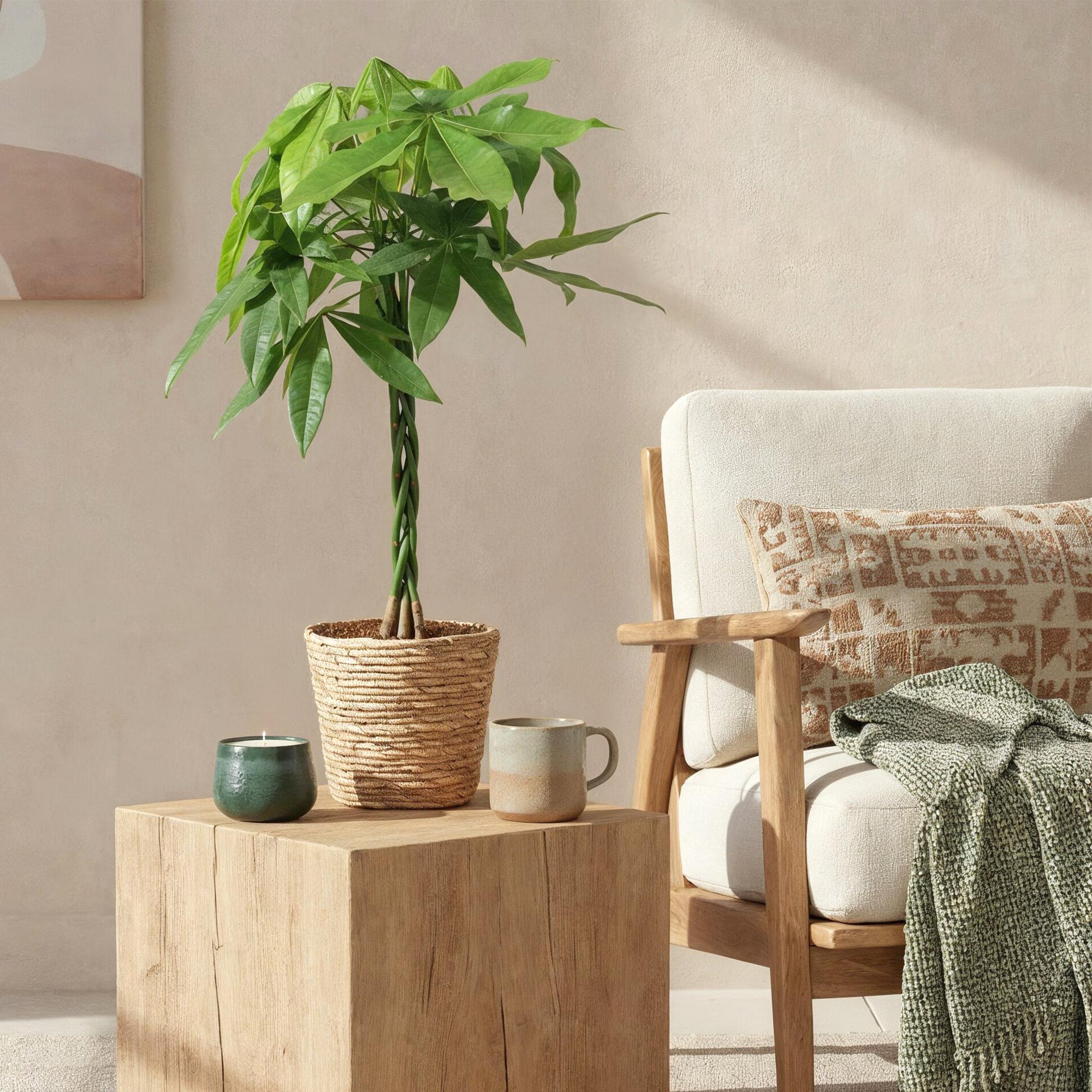 Green is... Kamerplanten - Pachira Aquatica gevlochten stam - Geldboom - Weinig onderhoud - met mand - Groen - 1 Plant - Pot 21cm - Hoogte 80-90cm