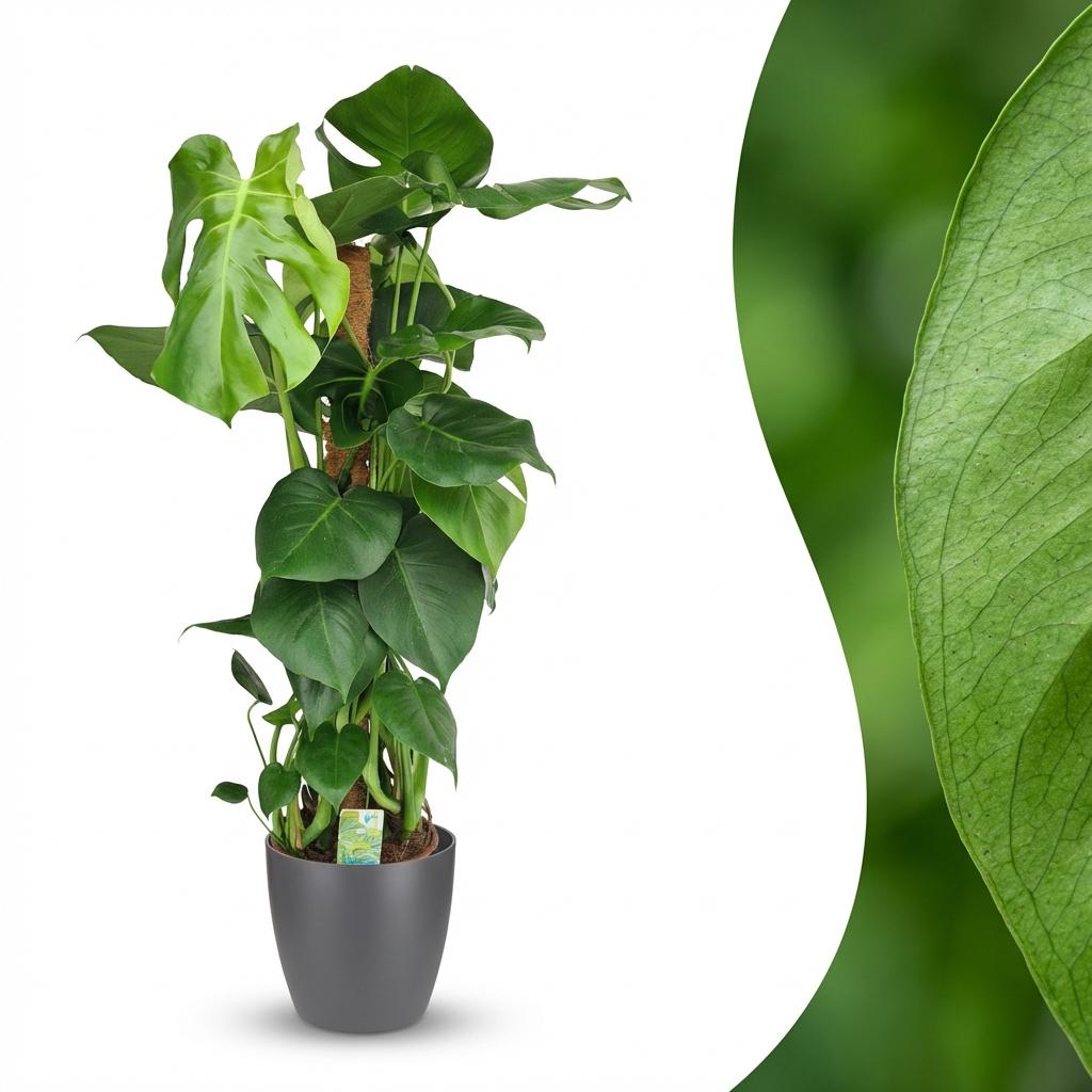 Kamerplant - Gatenplant - Monstera Deliciosa mosstok - Groen - Weinig onderhoud - 1 Plant - met Potter Grijs - Pot 19cm - Hoogte 90cm