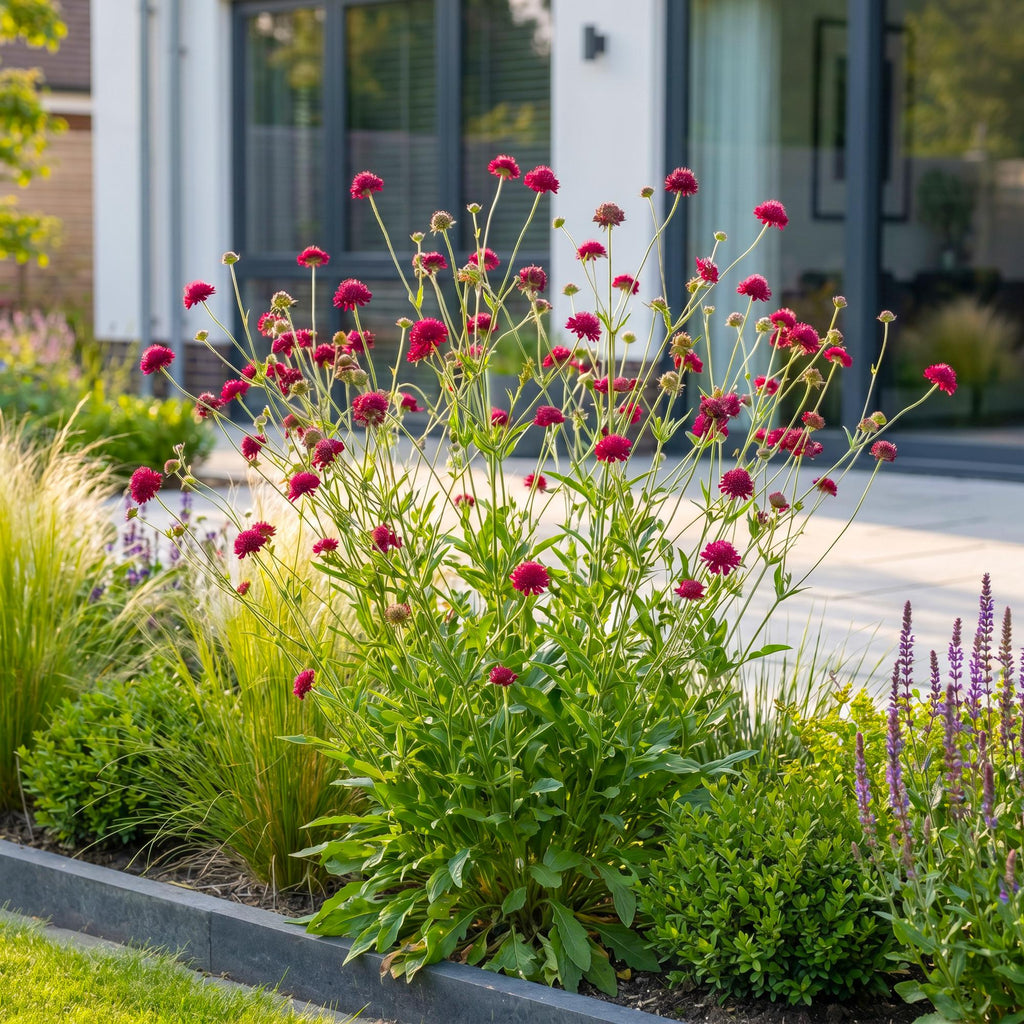Vasteplant - Knautia macedonica - Beemdkroon - Bijen- en vlinderlokkers - Donker Rood - 24 Planten - Pot 11cm - Hoogte 15-25cm