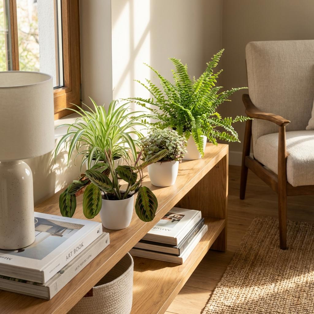 Kamerplant - Chlorophytum - Maranta - Calissia - Nephrolepsis - Mix van 4 - Huisdiervriendelijke Planten - Groen - 4 Planten - met Potter Wit - Pot 12cm - Hoogte 25cm