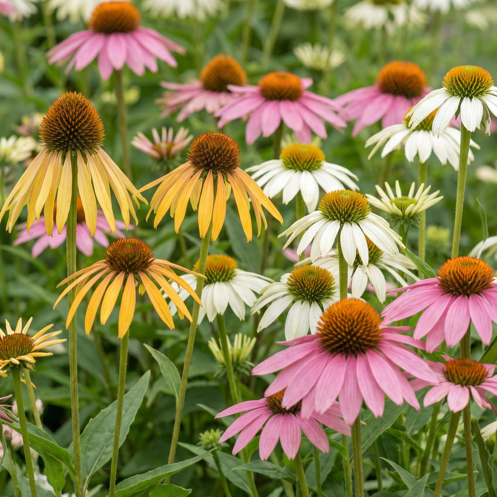 Vasteplant - Echinacea Tricolour - Zonnehoed - Bijen en Vlinderlokkers - Geel - Roze - Wit - 24 Planten - Pot 11cm - Hoogte 15-25cm