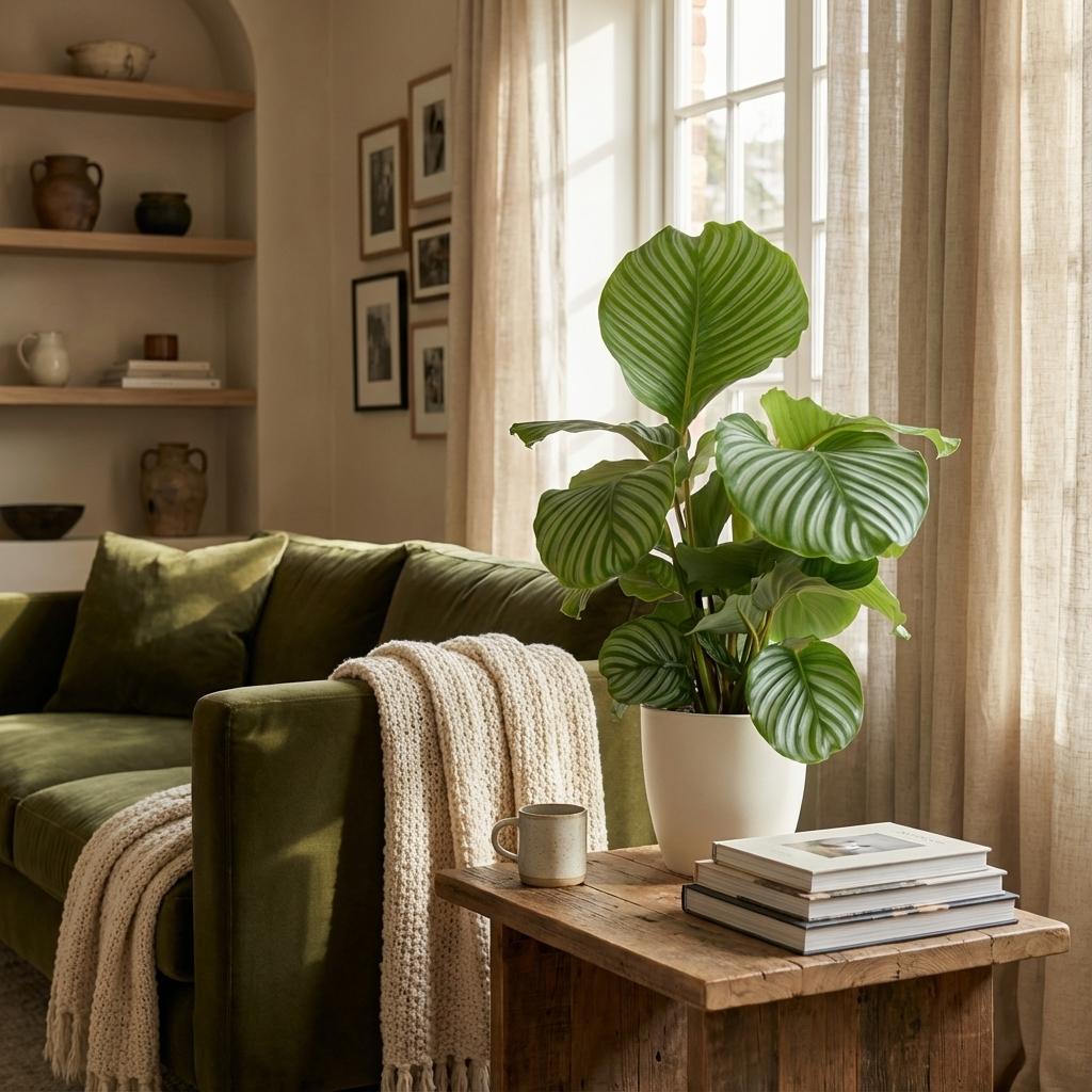 Calathea Orbifolia met Potter wit - 65cm - Ø21