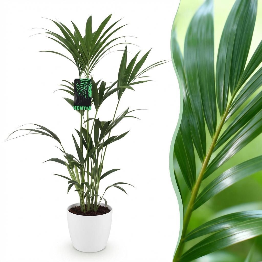 Kamerplant - Howea Forsteriana - Kentia Palm - Weinig Onderhoud - Groen - 1 Plant - met Potter Wit - Pot 21cm - Hoogte 120-130cm