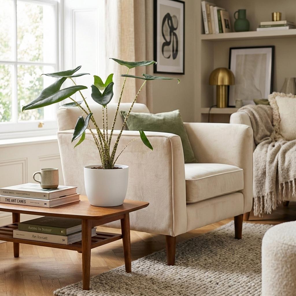 Kamerplant - Olifantsoor - Alocasia Zebrina - Groen - Weinig onderhoud - 1 Plant - met Potter Wit - Pot 21 cm - Hoogte 70 - 75cm