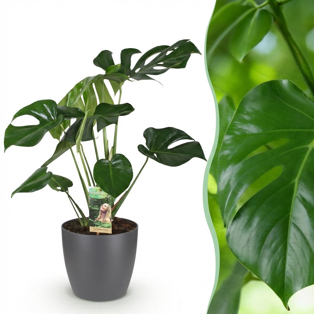 Kamerplanten - Monstera Deliciosa - Gatenplant - Weinig onderhoud - Groen - 1 Plant - met Potter Grijs - Pot 21cm - Hoogte 70-80cm