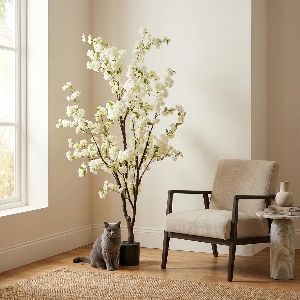 Kunstplant - Prunus - Kersenbloesem - Wit - 175cm