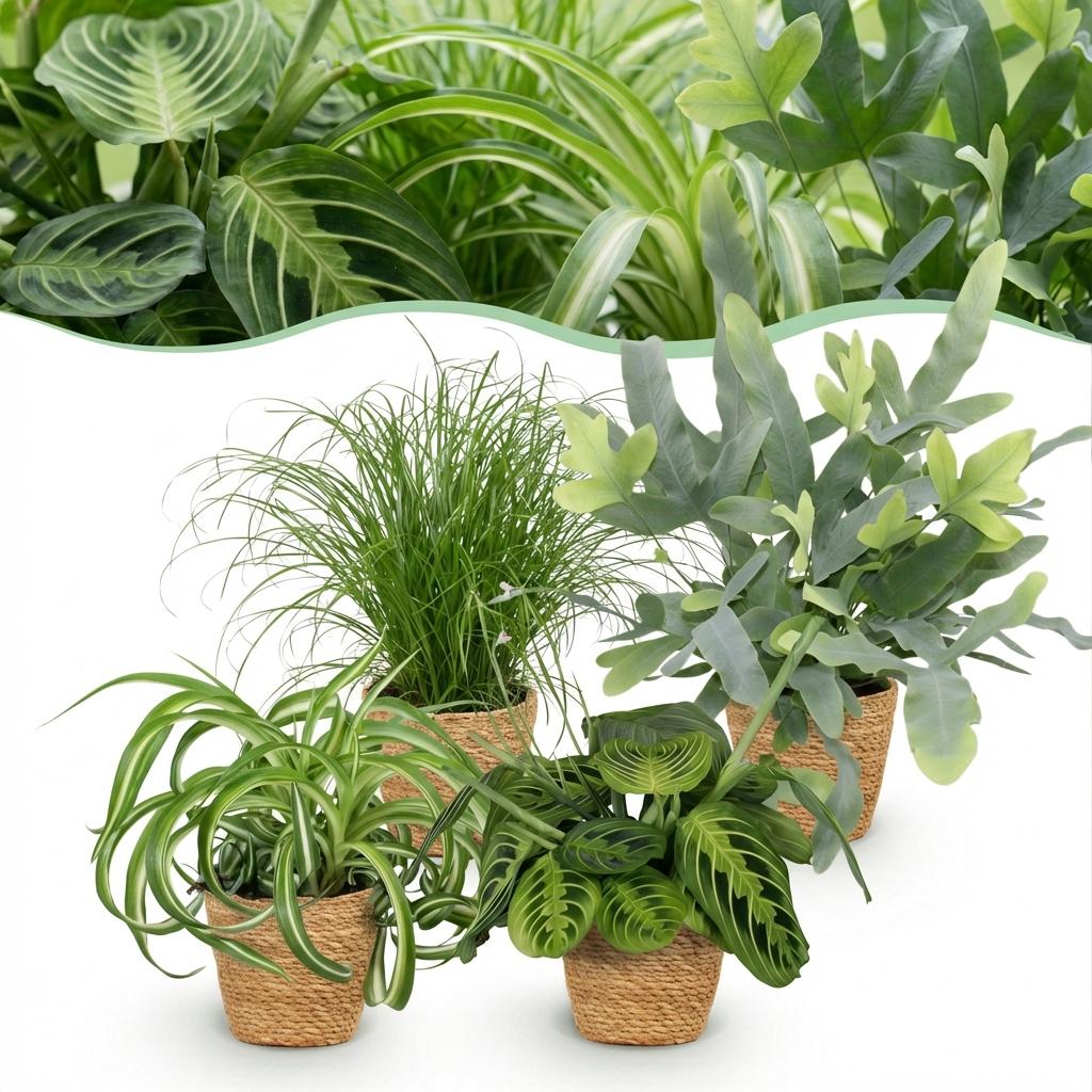 Kamerplant - Chlorophytum - Cyperus - Phlebodium - Marantha - Mix van 4 - Huisdiervriendelijke Planten - Groen - 4 Planten - met Mand - Pot 12cm - Hoogte 25cm